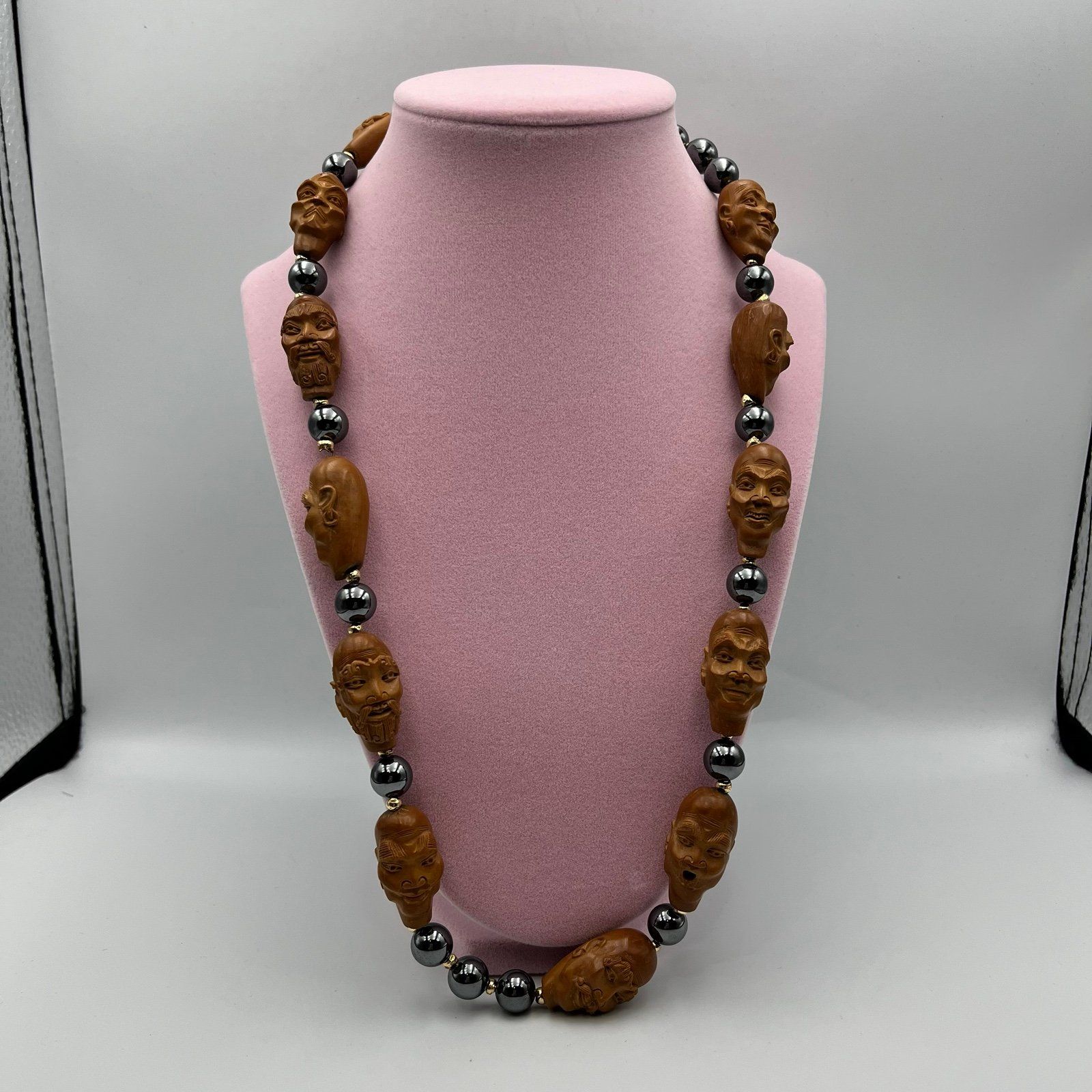 Asian Carved Peach Pit Faces And Compo Bead Necklace
